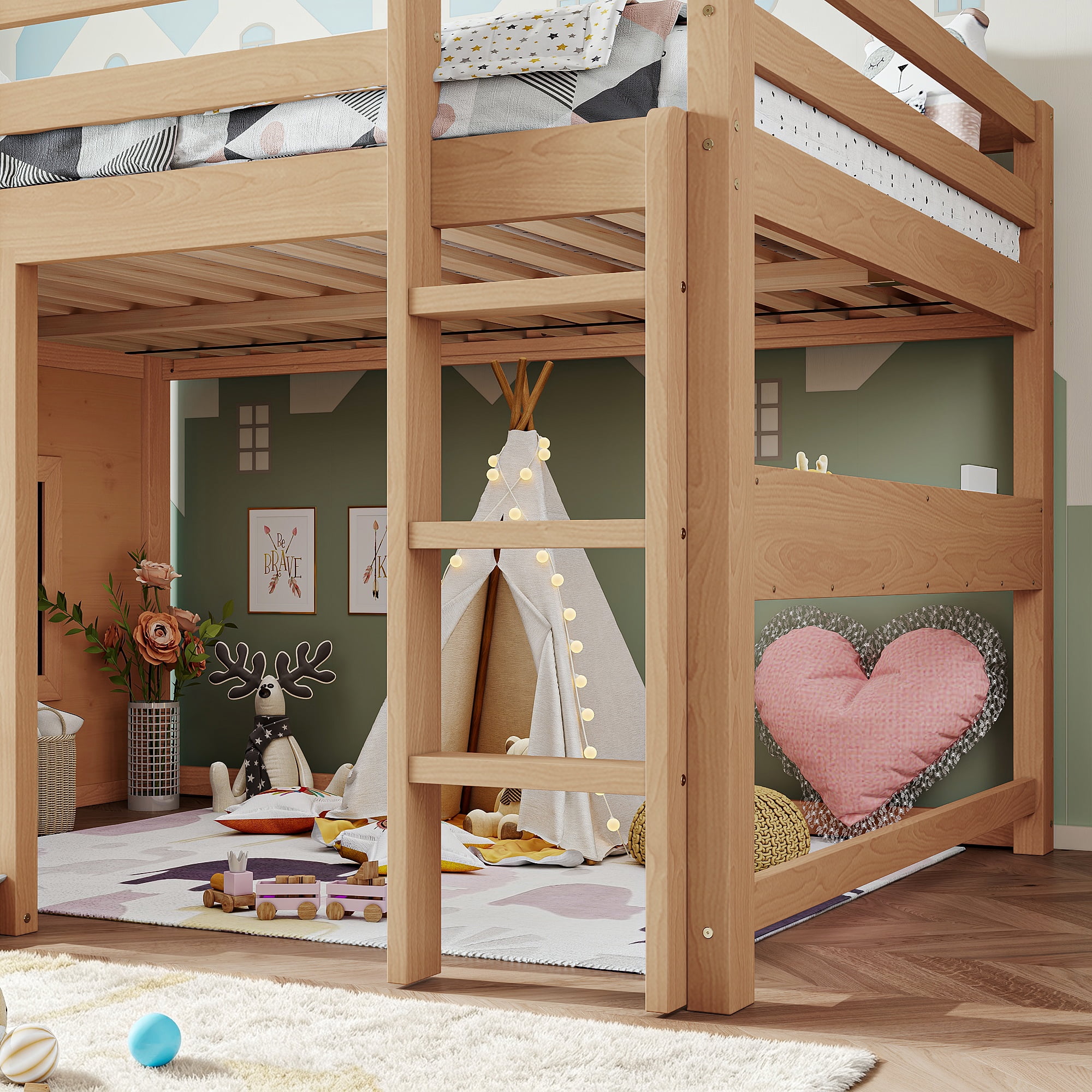 Leumius Full Size Loft Bed with Storage Shelves,Solid Wood Low Loft Bed Frame with Chalkboard and Bookshelf,Space Saving,Light Natural