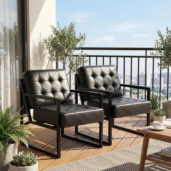 PU Leather Accent Chair Set of 2, Mid Century Modern Armchairs with Thick Cushion & Metal Frame, for Living Room, Bedroom, Office Waiting Area, Black