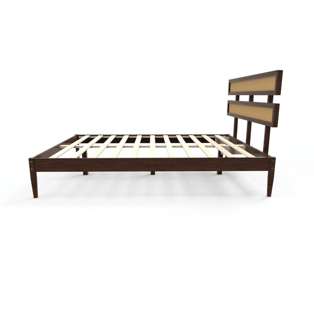 Tcbosik Platform Bed Queen Size, Bed Frame with Rattan & Wood Headboard for Bedroom, Wood Slats Support, Dark Walnut