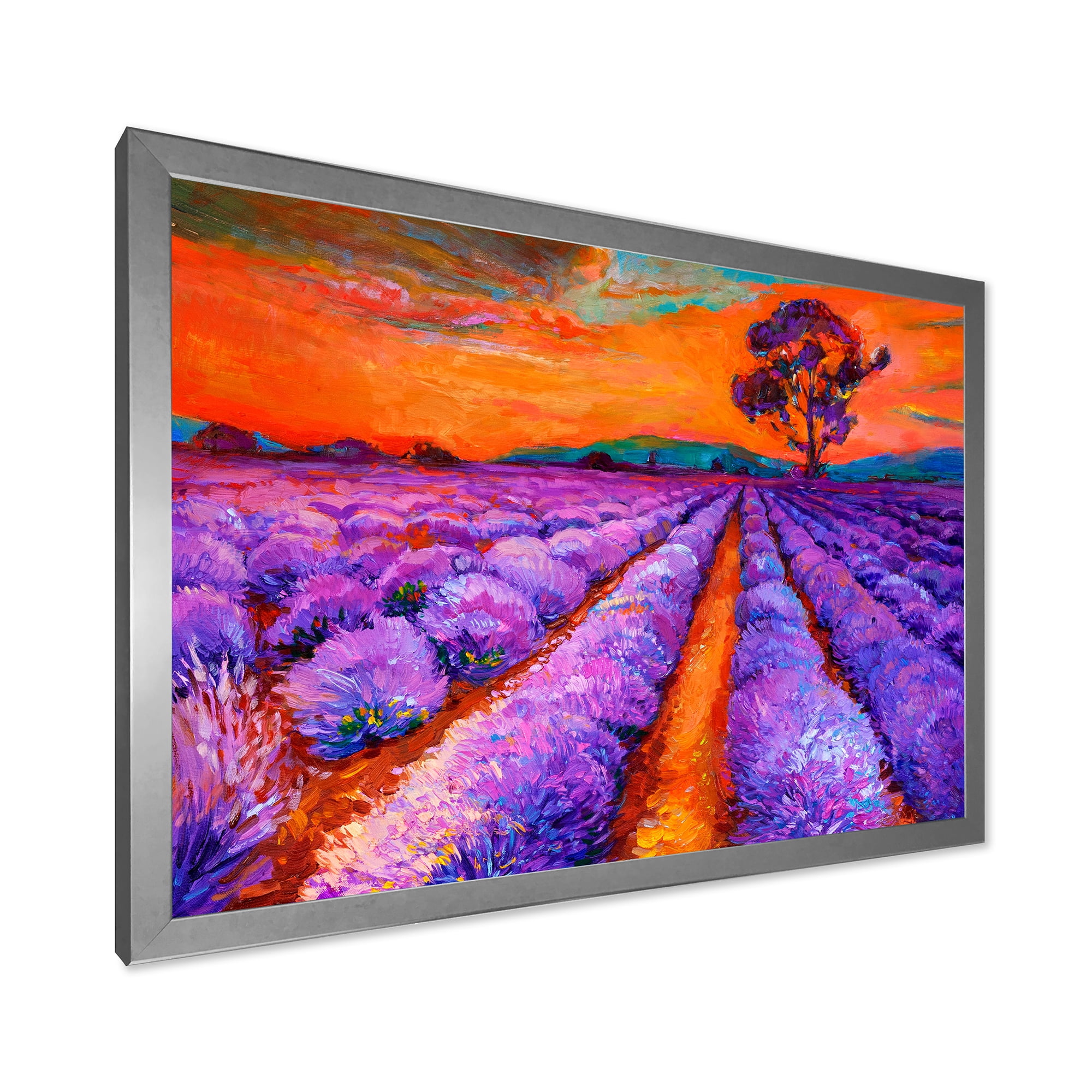 Designart 'An Orange Sunset Over Purple Lavender Fields I' Farmhouse Framed Art Print