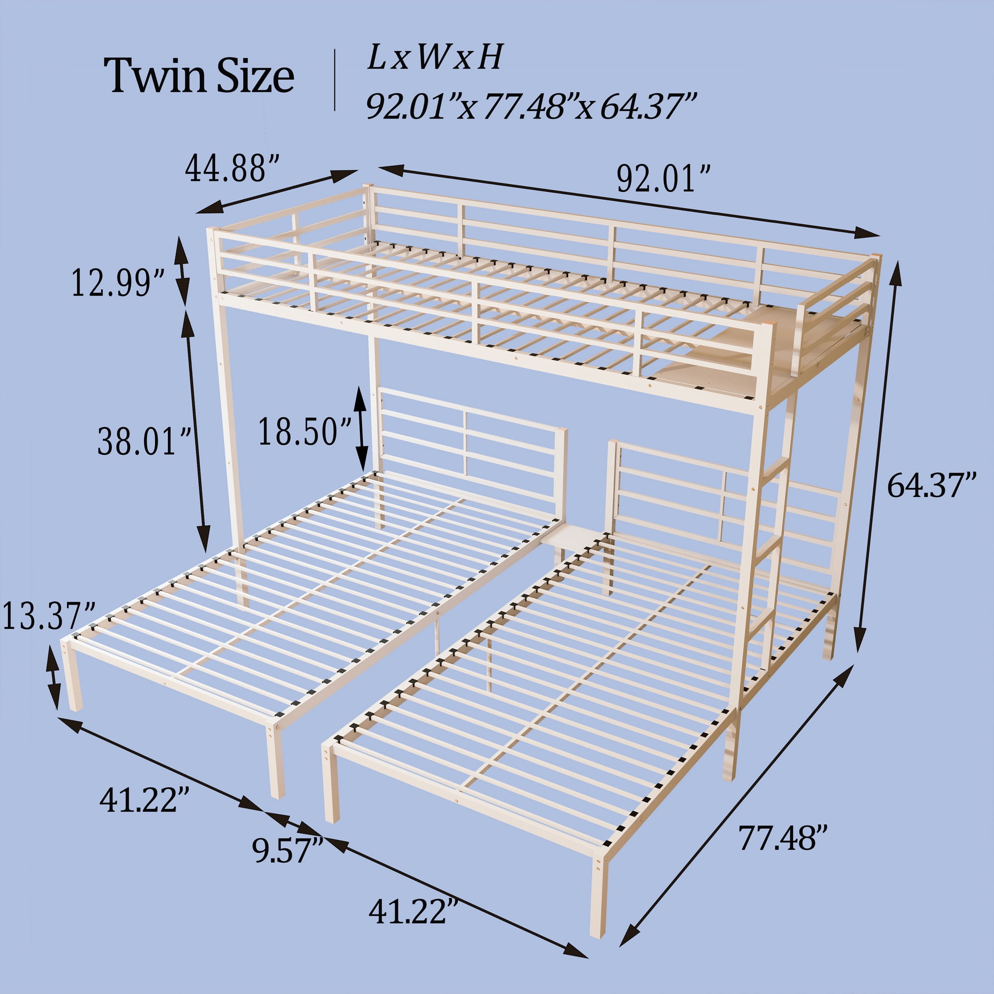 Leumius Metal Triple Bunk Bed, 3 Twin Beds Convertible Design, Noise Reduced Sturdy Structure for Bedroom,White