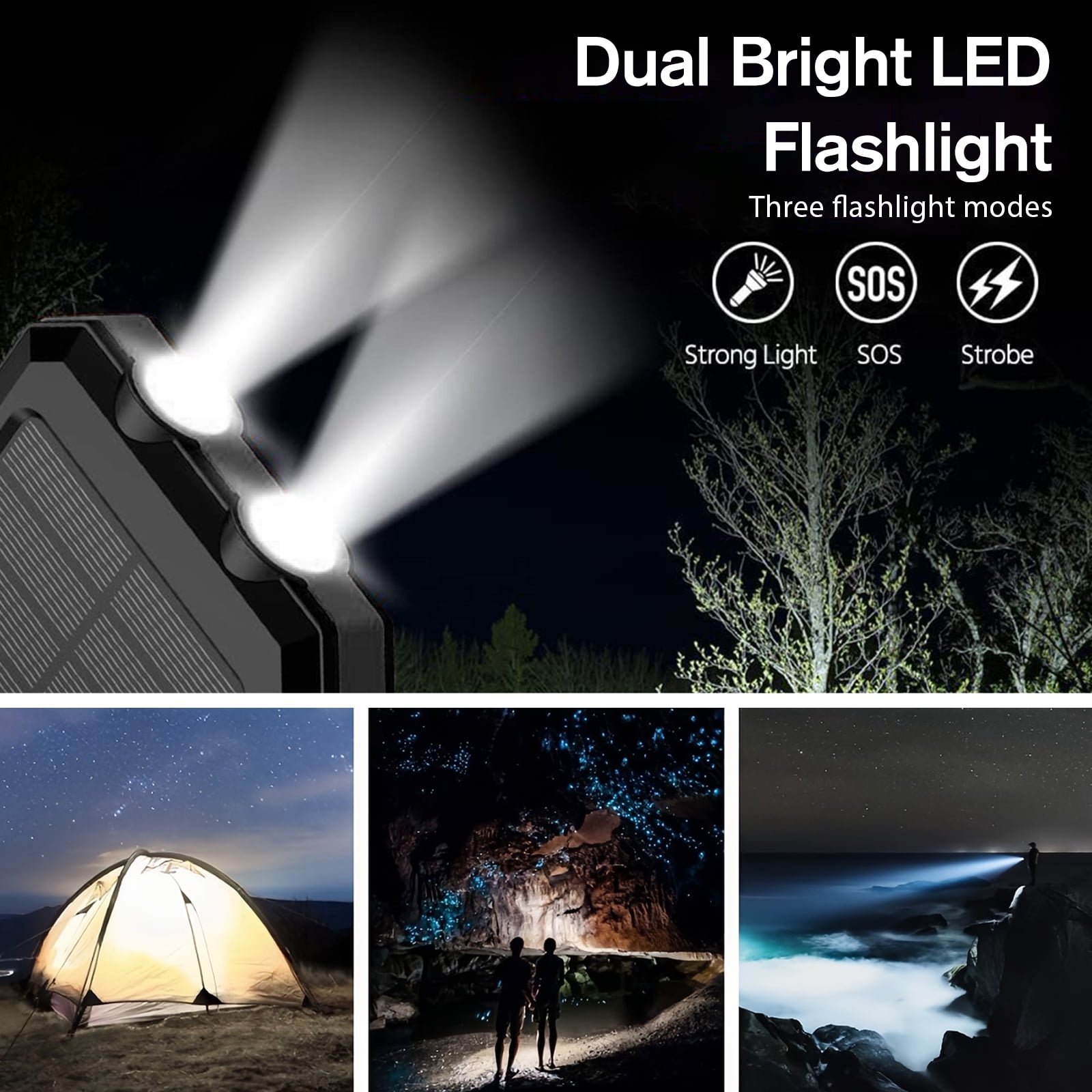 BAOKALER 30000mAh Solar Charger for Cell Phone iPhone, Portable Solar Power Bank with Dual 5V USB Ports, 2 Led Light Flashlight, Compass Battery Pack for Outdoor Camping Hiking(Black)