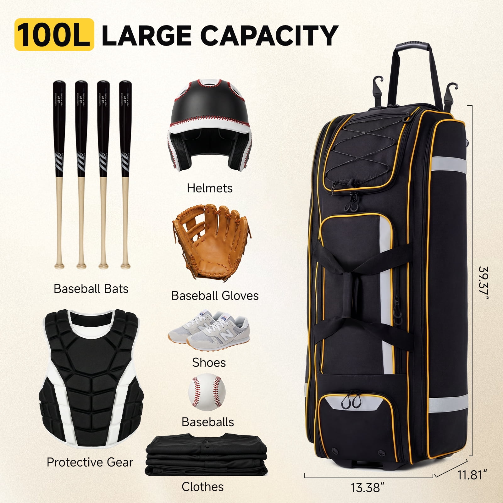 Fegat Rolling Baseball Bag with Wheels,100L Large Softball Bag Catchers Gear Bags for 8 Bats,Equipment Bag with 5 Fence Hooks,Reflective Strip,Shoe Compartment,Holds All Softball Baseball Equipment