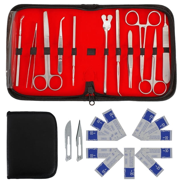 Kit de anatomía y biología de acero inoxidable, mango de hoja de bisturí, pinzas, tijeras, pinzas, 22 piezas, fácil de limpiar, se puede hervir, frotar con alcohol o esterilizar, viene en un