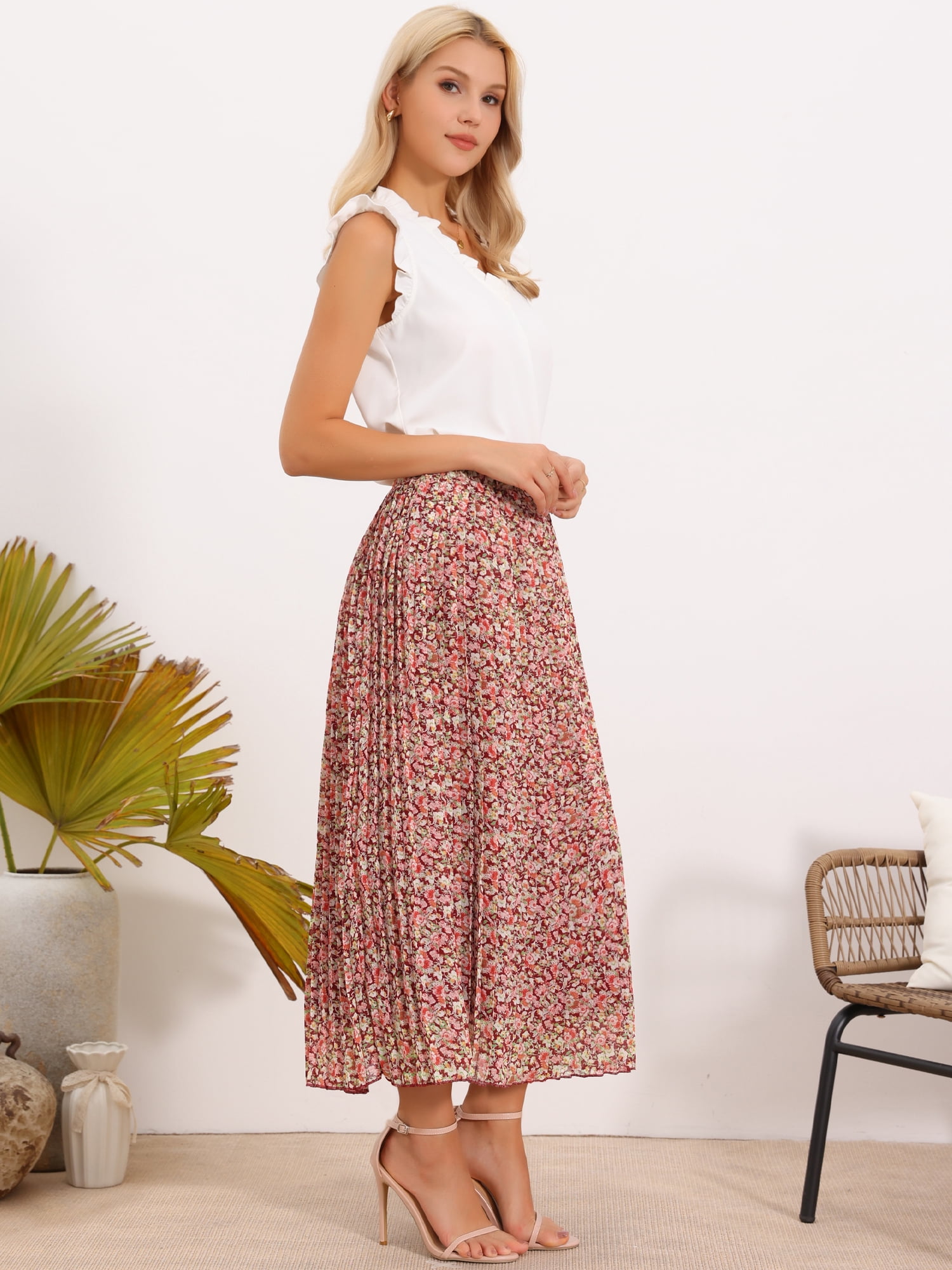 DARING DIVA Women's A-Line Elastic Boho Summer Floral Print Midi Skirts XS Red