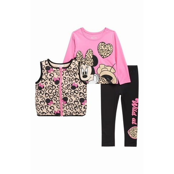 Disney Minnie Mouse Girls 3-Piece Outfit Set  Leopard Print Vest, Long Sleeve Top & Leggings  Toddler & Kids Clothing