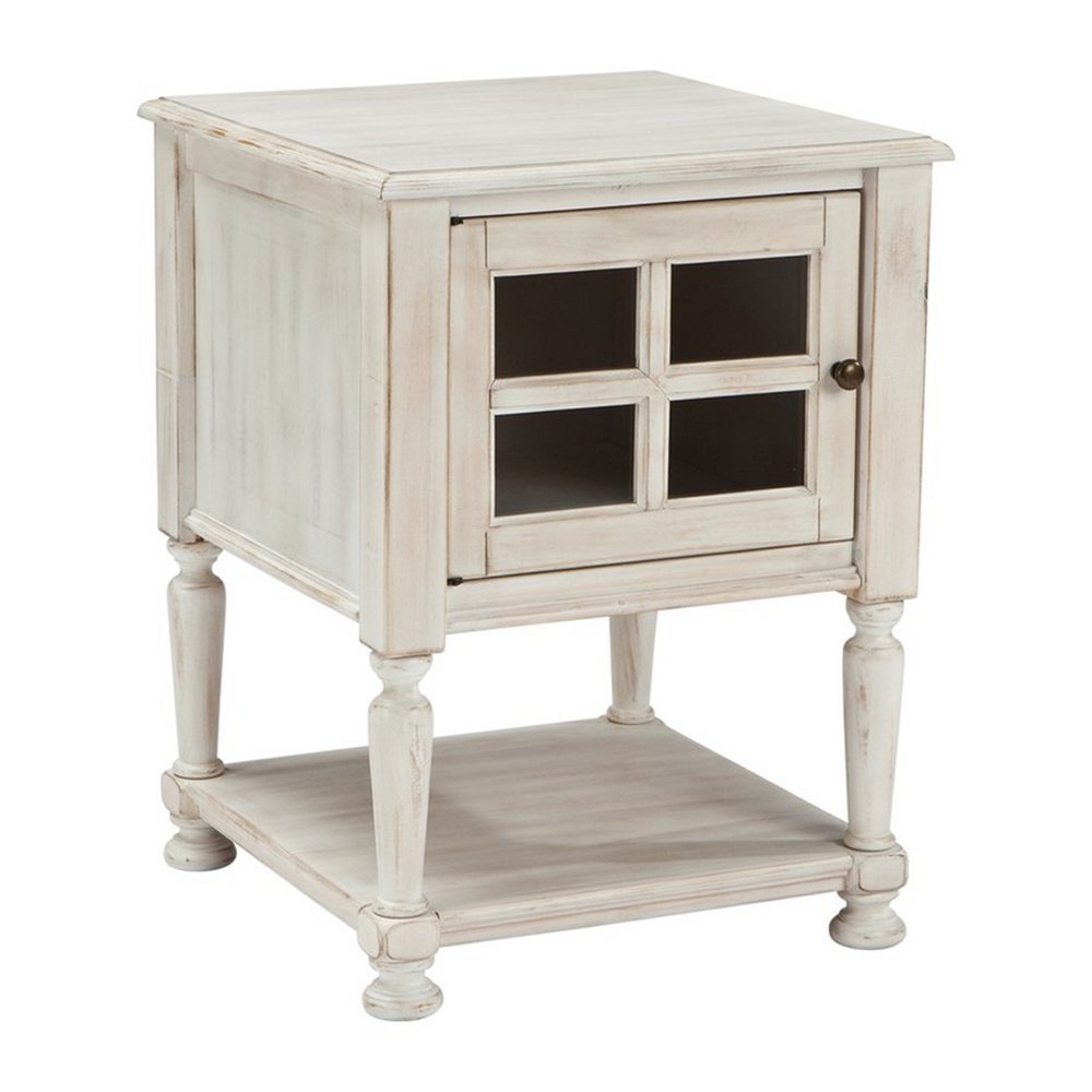 Wooden Square Accent Table with 1 Door and Fixed Shelf, Antique White