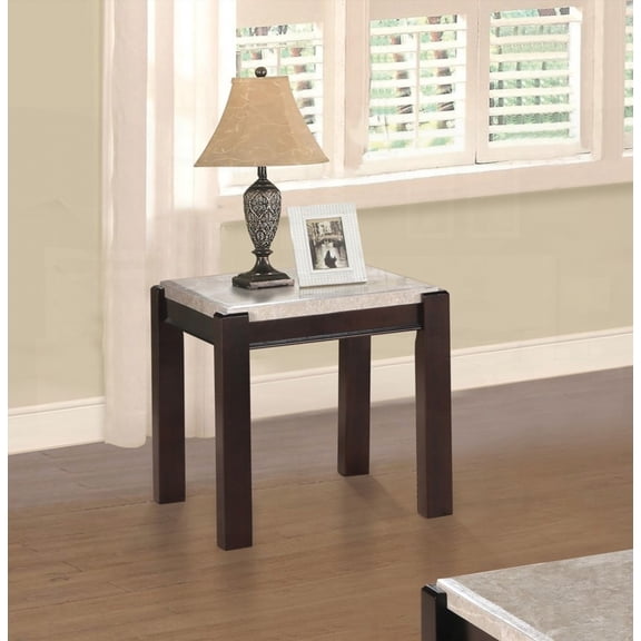 Contemporary Living Room 1pc Side Table - Genuine Marble Top with Dark Cherry Finish Wood Frame