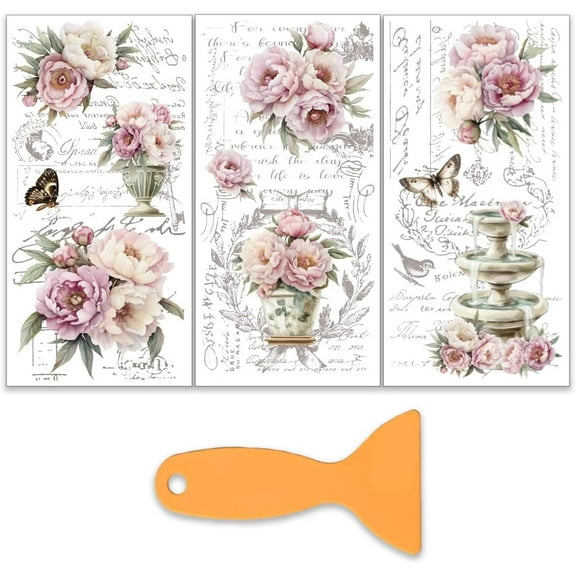 3pcs/set French Peony Shop Rub on Transfers for Furniture and Crafts 6x12 Inch Peony Theme Furniture Transfer Sticker Decals Transfer Stickers Rub on Decals for Wood Scrapbook Home Decoration