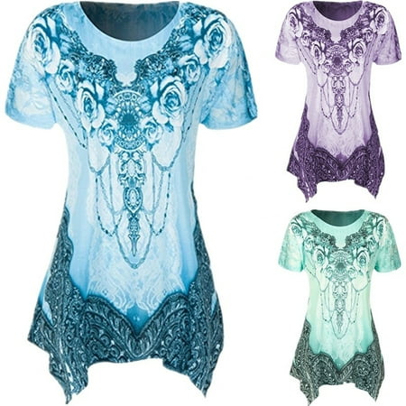 Plus Size Women's Fashion Casual Round Neck Short Sleeve Printing Loose Tank T-shirt Tops