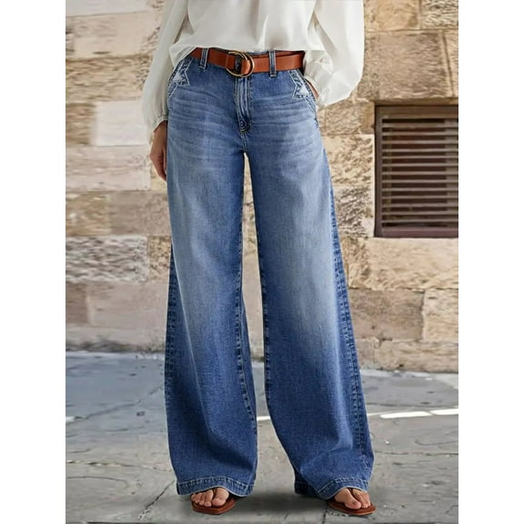 Wide Leg Denim Jeans, High Waisted, Vintage Wash, Relaxed Fit (US, Alpha, Small, Regular, Regular, Light Blue)
