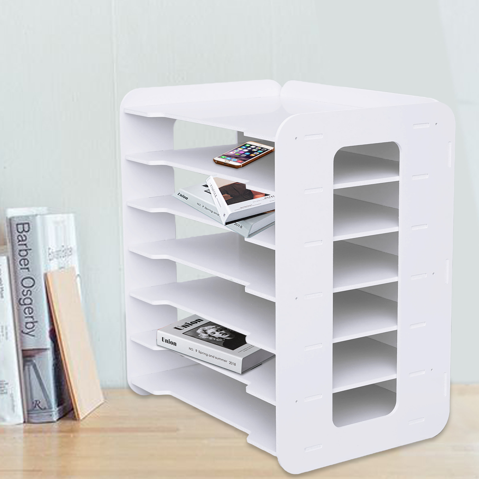 7-tier White Office Desktop Organizers and Accessories Letter Tray Paper Sorter Holder File Document Rack Shelf Literature Organizer Rack for Home Office School Classroom Supplies Easy Assembly