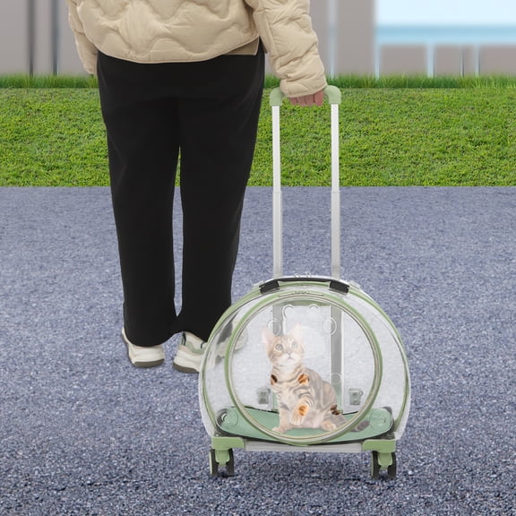 0-55cm Adjustable Handle Height Breathable Cat Carrier Green&Clear Cat Carrier with Rolling Wheels