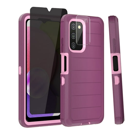 Xhy Samsung Galaxy A03S Case with Privacy Screen and Lens Protector Military Grade Full Body Multilayer Drop Shock Protection 3 in 1 Rugged Durable Detachable for Samsung A03S Phone - Wine Pink