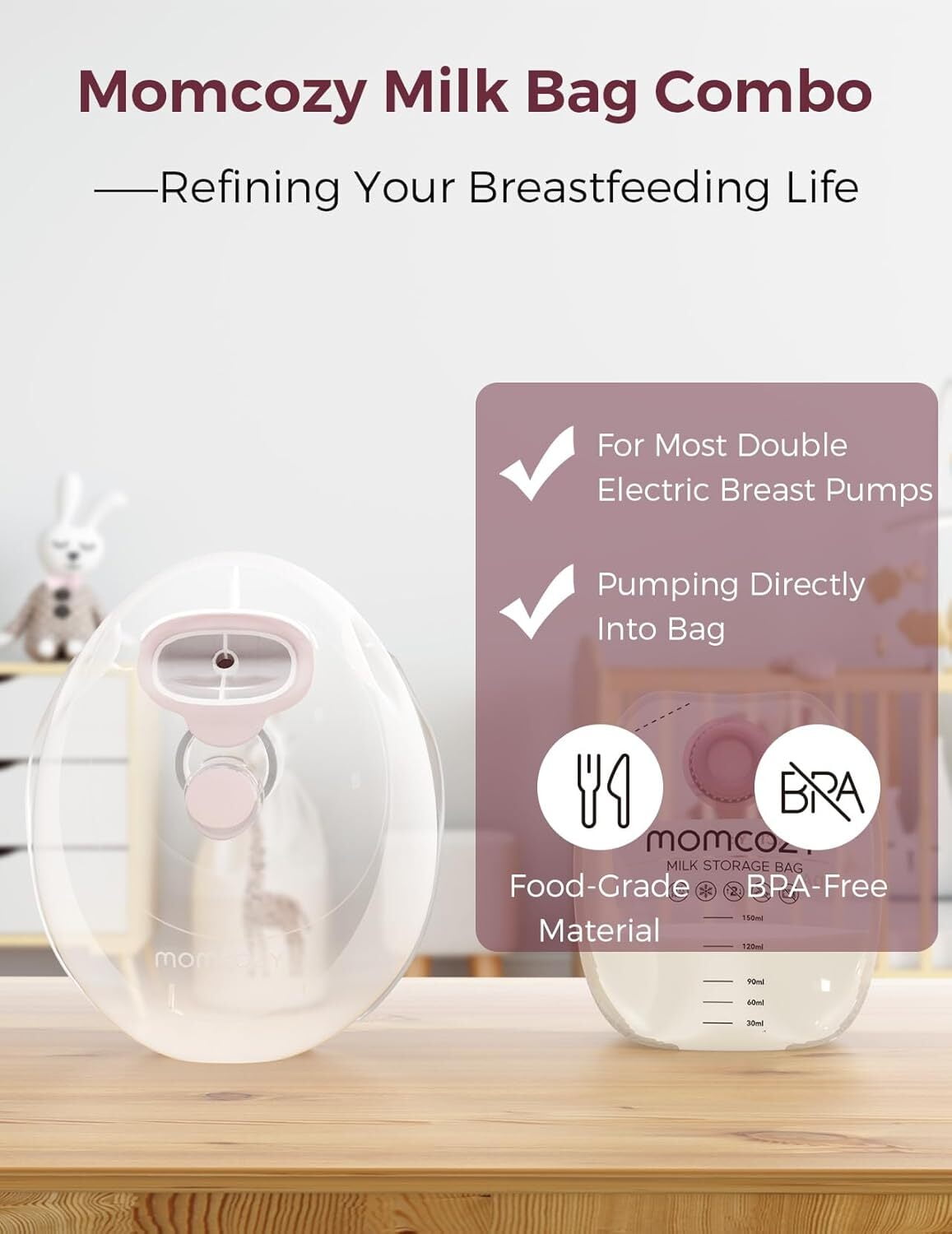Momcozy Wearable Milk Collection Cups with Storage Bags, Direct-to-Bag Breast Milk Bag Combo, Breast Pump Parts for Momcozy V1/V2 Pump & Most Electric Breast Pumps, 2 Pack