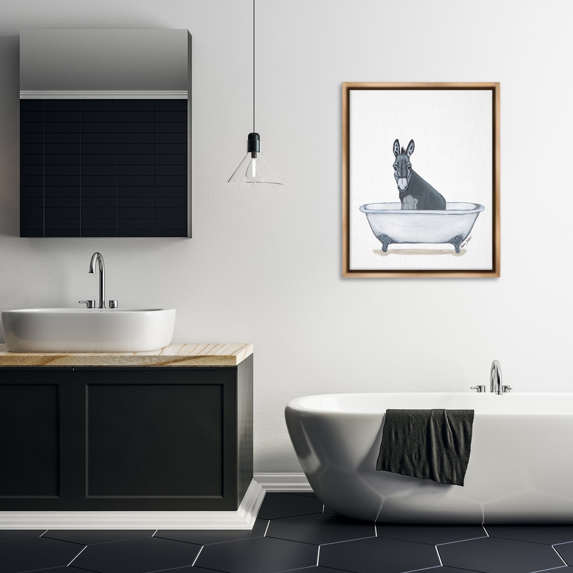 Stupell Industries Donkey in Tub Sketch Bath & Laundry Painting Brown Floater Framed Canvas Art Print Wall Art, 25 x 31