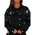 thumbnail image 2 of Women'S Cropped  Beading Jean Jacket Ripped Star Embroidered Denim Jacket Coat Black XL, 2 of 9