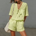 thumbnail image 5 of Xdegoge Linen Sets for Women 2 Piece V Neck Short Sleeve Matching Set Tie Front Tops and Shorts with Pockets Fashion Loose Comfortable Casual Breathable Outfits, 5 of 9
