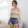 thumbnail image 2 of CoCopeaunt Women Summer Tops, Sexy Beige Off Shoulder Short Puff Sleeve Ruched Top Soft Blouses for Office Vacation Spring, 2 of 6