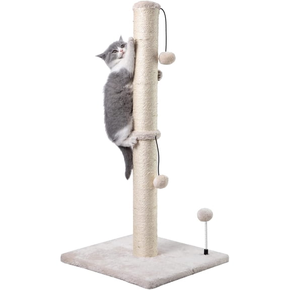 MECOOL 34” Tall Cat Scratching Post Premium Basics Kitten Scratcher Sisal Scratch Posts Trees with Hanging Ball for Indoor Cats, Beige