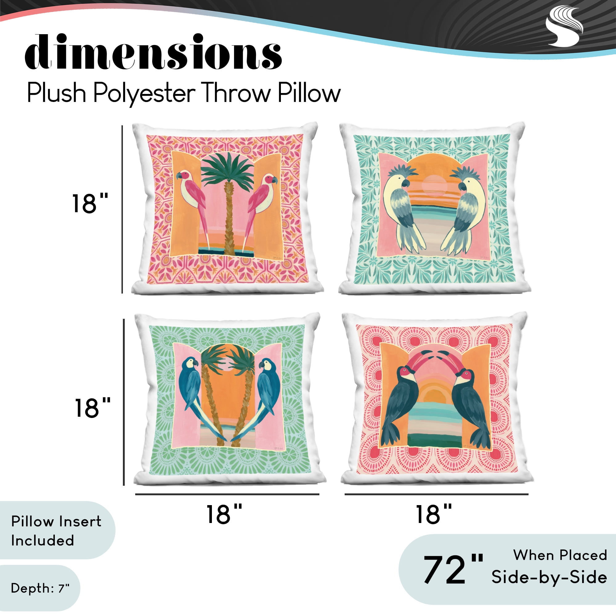 Stupell Industries Patterned Twin Bird Symmetry 4 Piece Decorative Printed Throw Pillow Set, design by Yvette St. Amant, 18 x 7 x 18