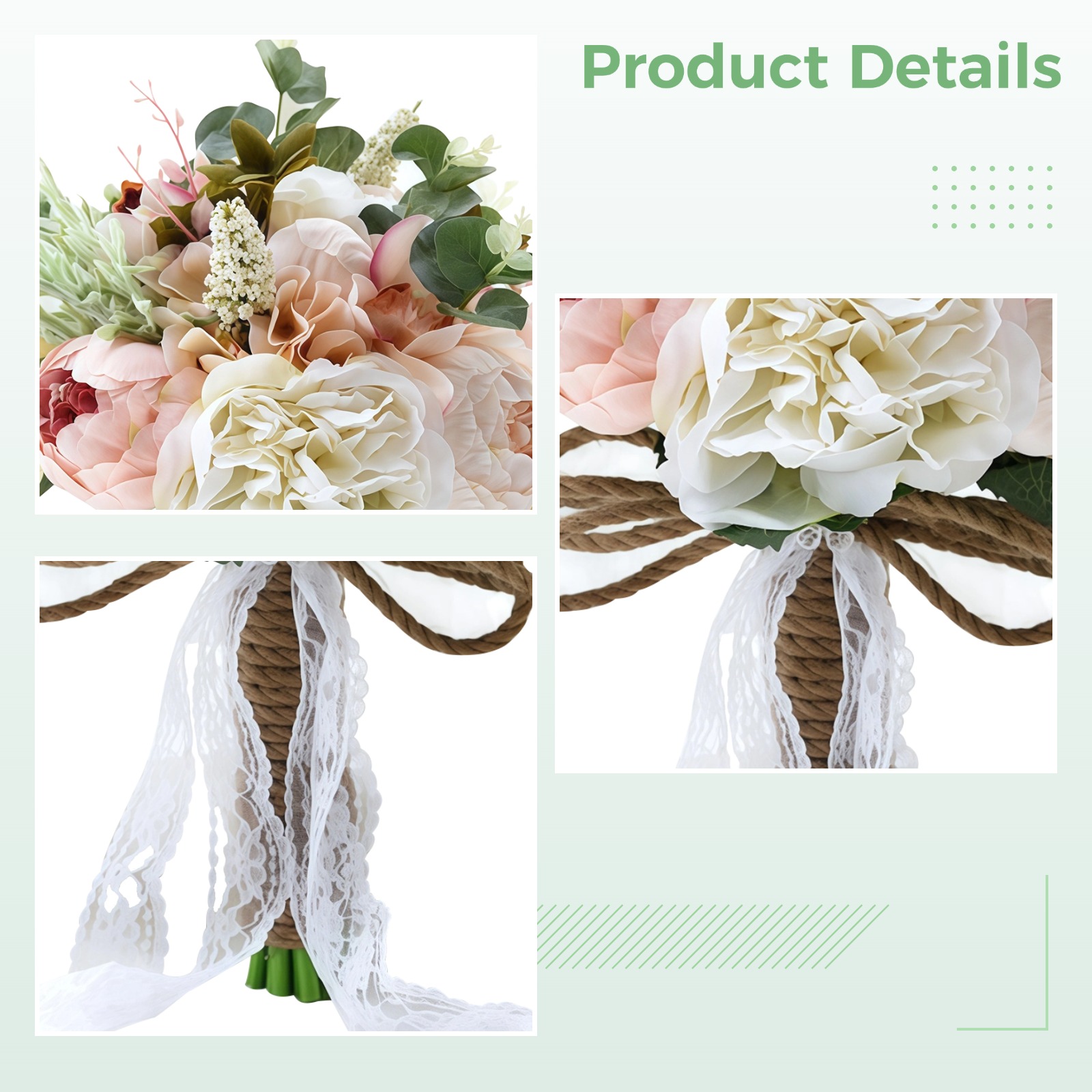 Bride Bouquets for Wedding, Artificial Silk Flower Bouquets, White Pink Bridal Bouquets with Green Leaves and Lace Handle, Classic European Style