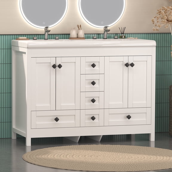 47'' White Bathroom Vanity with Double Ceramic Sink Freestanding Storage Cabinet with 6 Drawers