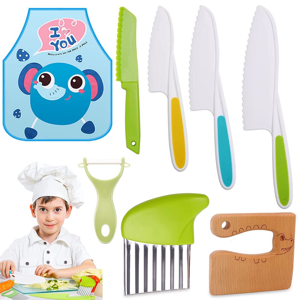 8 PCS Wooden Kids Kitchen Knife Kids Knife Set Include 4 Toddler Safe Cutters 1 Wooden Cutter Potato Slicers Peeler and Cartoon Apron Plastic Toddler Knifes for Real Cooking Kid Safe Kniv