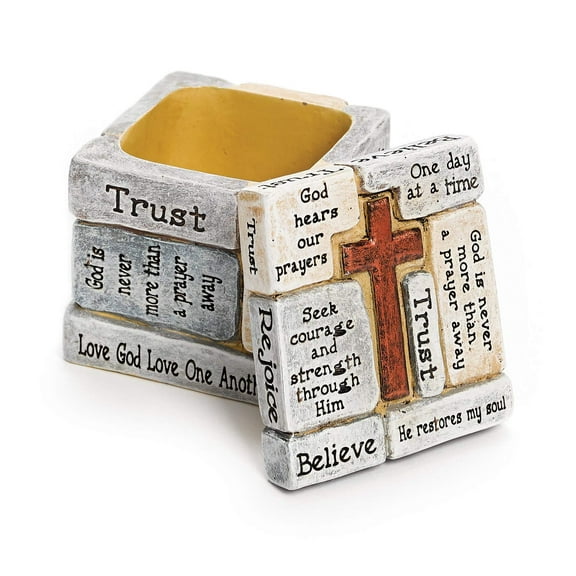Faith-Filled Sentiments Crossword Whitewashed 2.25 x 2.25 Resin Trinket Box