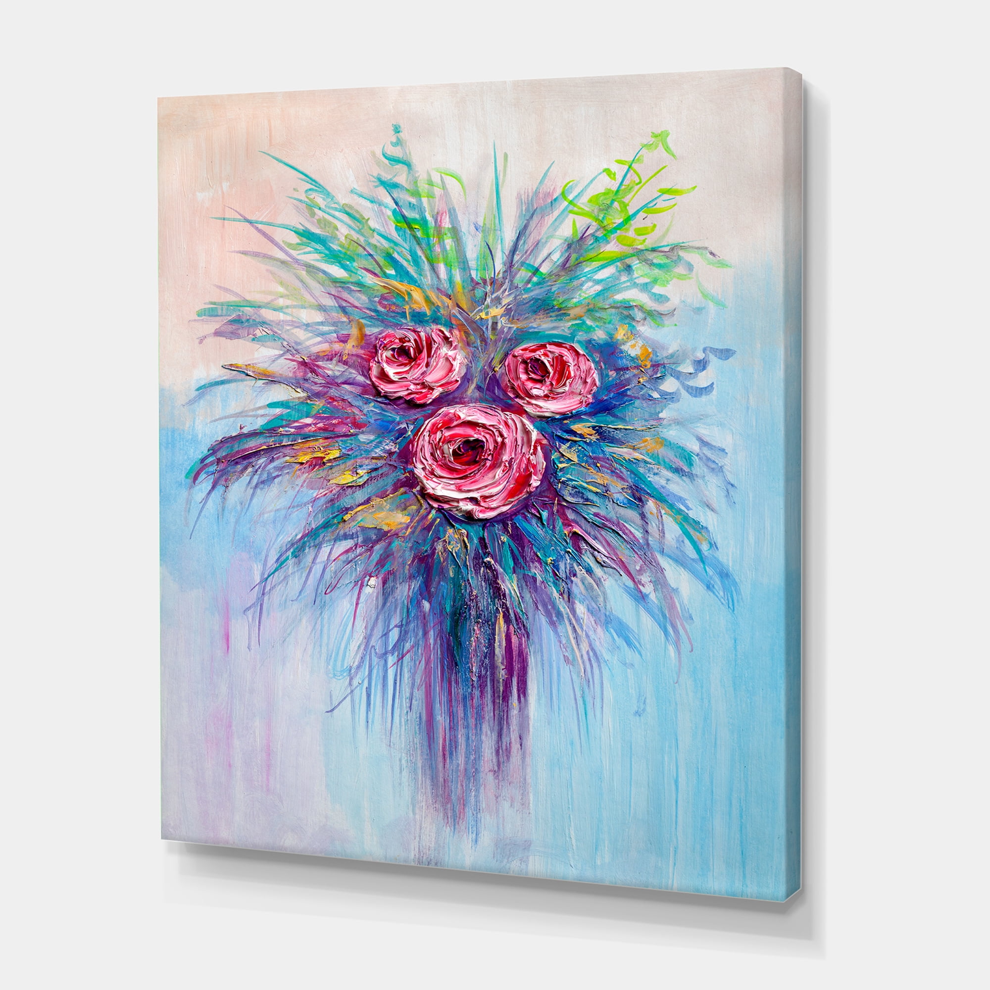 Designart ' Bouquet Of Red Roses In A Vase On Blue ' Traditional Canvas Wall Art Print