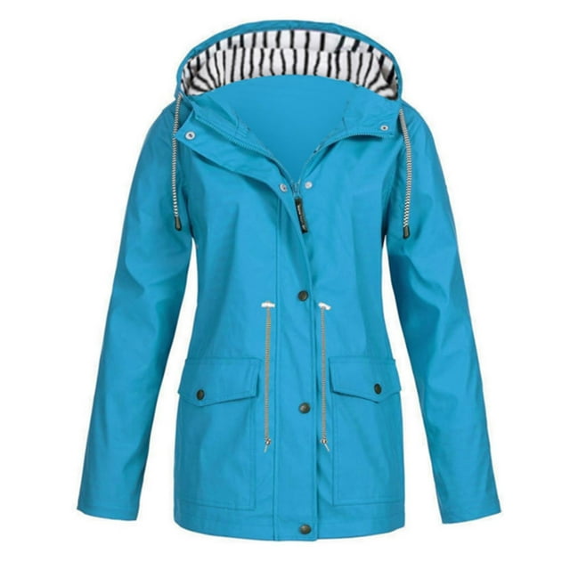 FAVIPT Imperméable pour Femmes à Manches Longues avec Cordon de Serrage, Veste à Fermeture Éclair Complète, Protection Solaire avec Capuche 2025 Bleu, TG