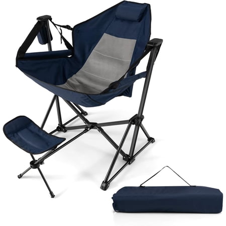 Folding Camping Chair Portable Beach Chair with Retractable Footrest Adjustable Back Cup Holder & Carry Bag Outdoor Lawn Patio Chair for Camping Fishing Hiking (Navy 1 Pack)