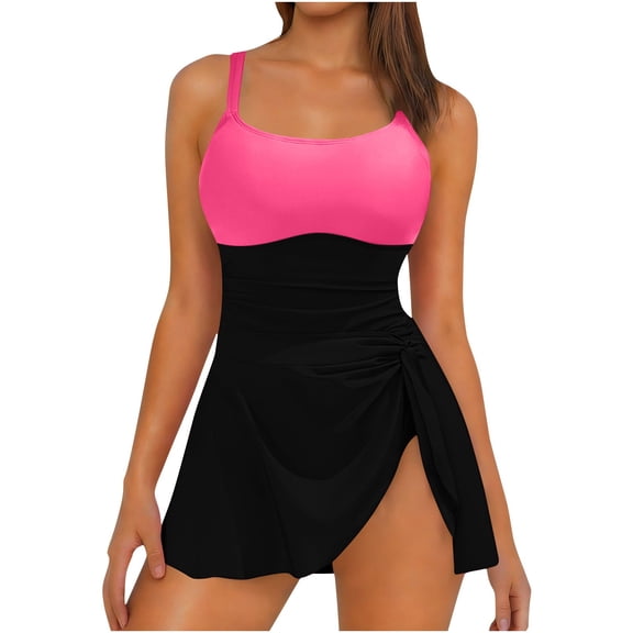 Women's Slimming 2 Piece Tankini Ruched Waist Side Tie Skirt Spaghetti Straps V Neck Modest Bathing Suit Swimwear (XL, Pink)