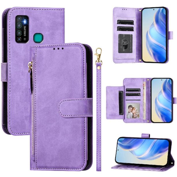 FOXDOCK Funda Tipo Cartera para itel Power 70 Cuero PU con Cremallera y Correa de Muñeca, Ranuras para Tarjetas, Soporte Plegable, Cierre Magnético