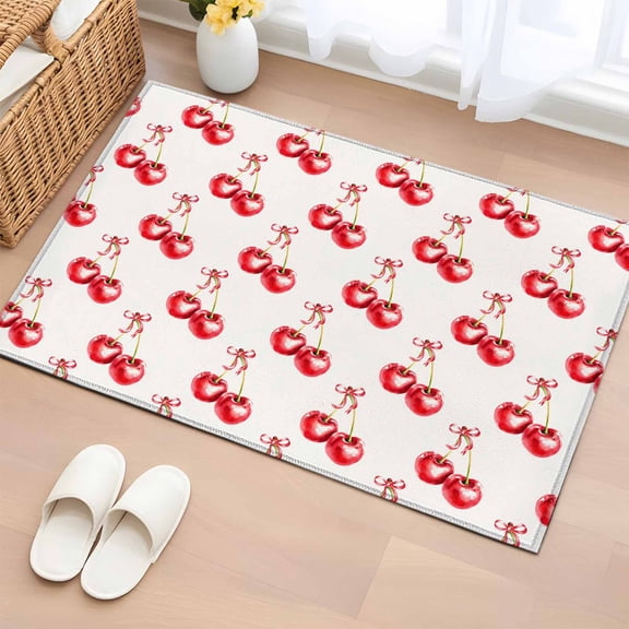 Cherry Farmhouse Bathroom Rug Washable 2x3 Entryway Rug Non Slip Spring Summer Fruit Watercolor Front Door Mat Low Pile Indoor Doormat Throw Floor Carpet for Kitchen Bedroom Entrance