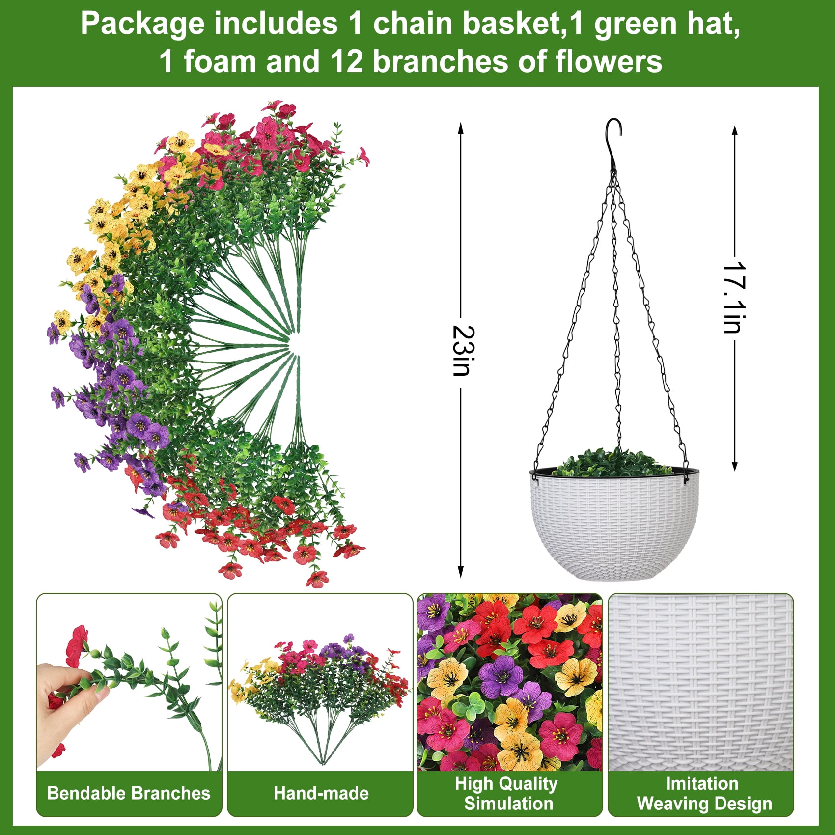 Scidweet Artificial Hanging Flowers, 12 Pcs Fake Flowers Faux Plants with Imitation Woven White Basket for Outside Indoor Spring Summer Decoration for Home Garden