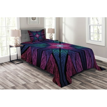 Ambesonne Fractal Quilted Bedspread Set 2 Pcs, Psychedelic Vivid Art, Twin Size, Plum Indigo