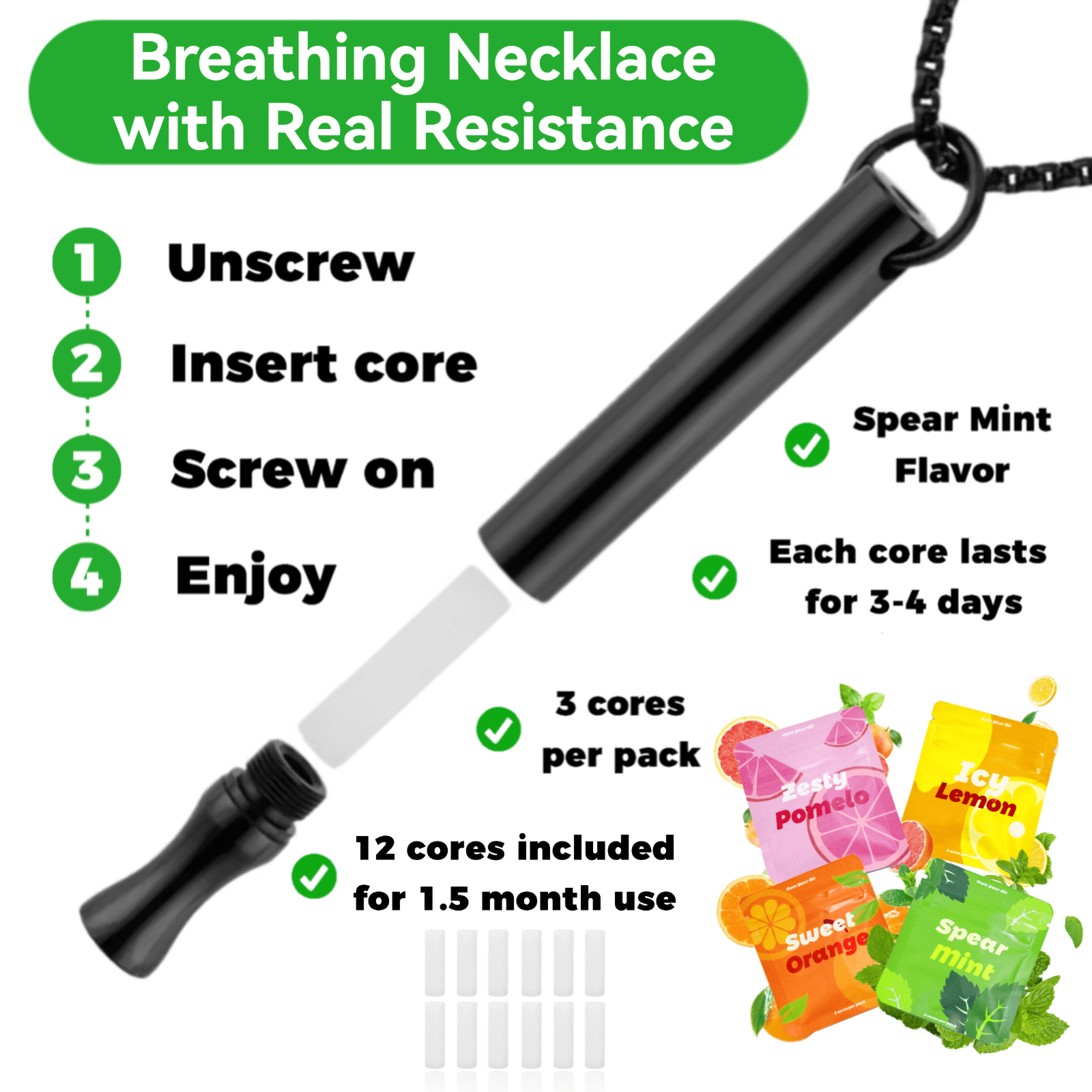 Breathing Necklace to Replace Bad Habit with 4 Packs Flavor Refillable Pods, Habit Support Necklace for Stress Relief Sensory Fidget for Adults