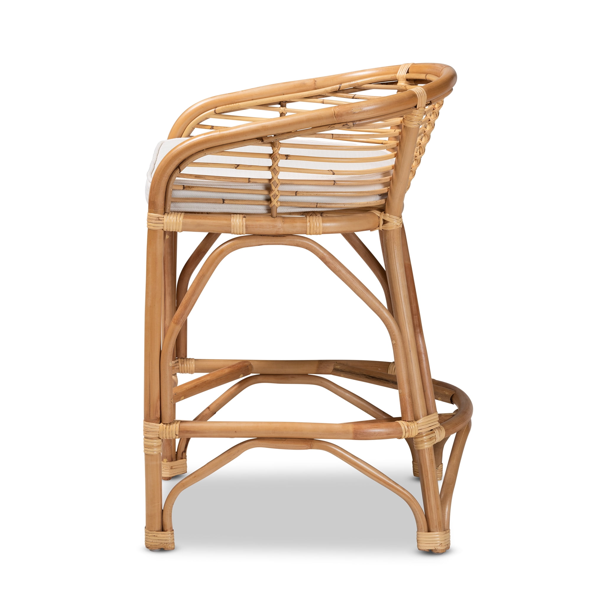 bali & pari Maverick Modern Boho White Fabric Upholstered and Brown Rattan Counter Stool
