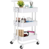 Cheelom 3 Tier Utility Cart, Rolling Metal Organization Cart with Handle and Lockable Wheels, Multifunctional Storage Shelves for Kitchen Living Room Office White
