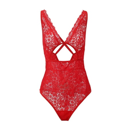 Plus Size Lingerie For Women Sheer Lace Deep V Neck Bodysuit One Piece Babydoll Body Suit