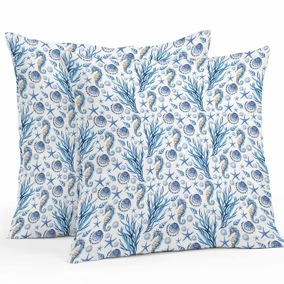 Outdoor Waterproof Pillow Covers Pack of 2, Summer Ocean Seahorse Shell Starfish White Background Decorative Throw Pillowcases Cushion Covers for Garden Patio Tent Sofa Couch, 16x16 inch