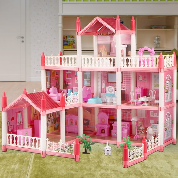 DIY Doll House 3-Story 9 Rooms Princess Dream Castle Pink DIY Princess House with String Light and Furniture Accessories Children Christmas Toy Gift for 4-6 Years Old Girls