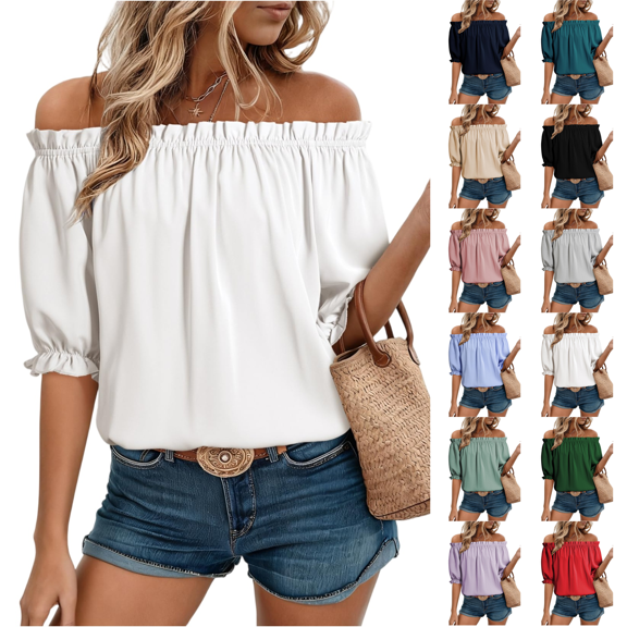 Off The Shoulder Short Sleeve for Women Summer Blouses Dressy Casual Boho Stretch Tops White XL