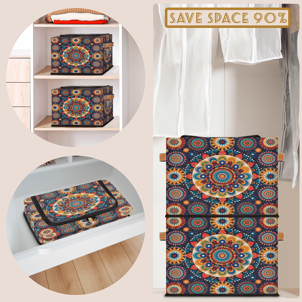 ADECORIVY Tribals Flower Circle Mandala Fabric Storage Bin with Lid, Decorative Closet Shelf Organizers, Foldable Basket Box Clothes Storage Bin with Handles