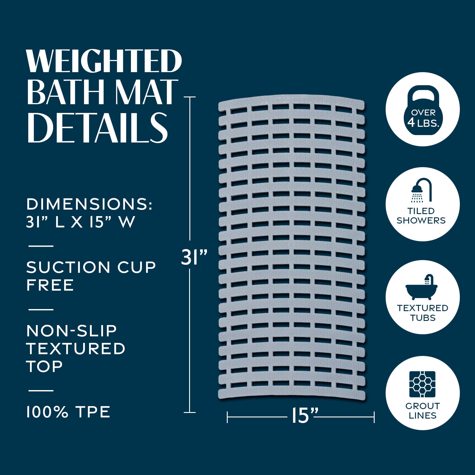 SlipX Solutions Weighted Non Slip Bath Mat | Safety Without Suction Cups, 31” x 15”