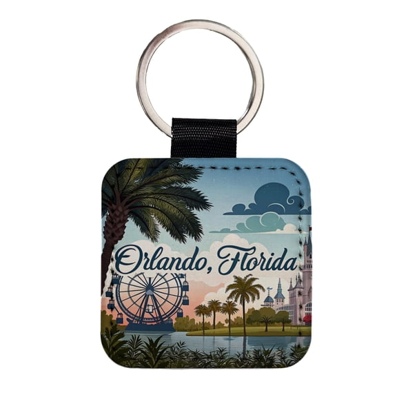 Orlando, Florida FL Travel City State Stamp Faux Leather Square Keychain