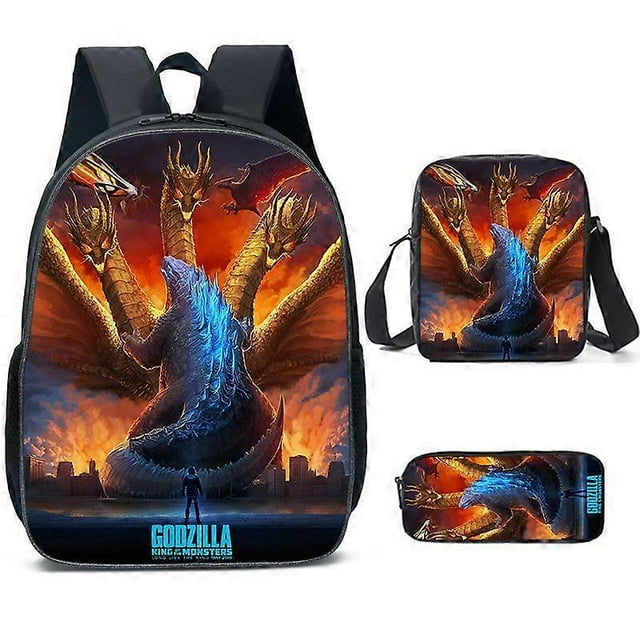 Mochila con estampado de Godzilla, juego de 3 piezas, mochila para portátil de 17 pulgadas, mochila escolar, mochila de viaje multifuncional unisex