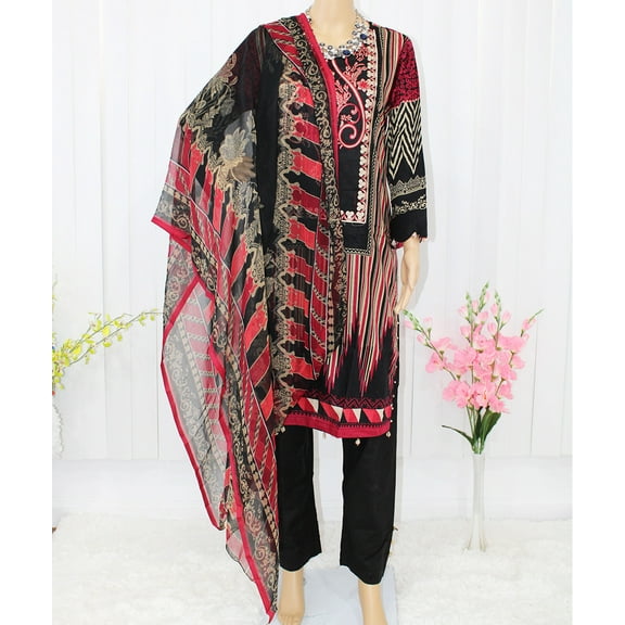 Nazon Brand- Pakistani Lawn | Long Dress | Long Sleeve | Party Were Dress | Lawn | BlackRed Color