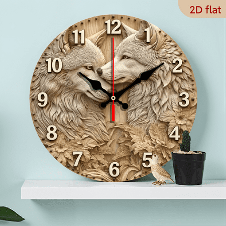 A 10-inch 2D flat wooden circular clock with a "Two Close Wolves" theme, suitable for decoration in bedrooms, living rooms, and offices. It is an ideal gift for Christmas and New Year.